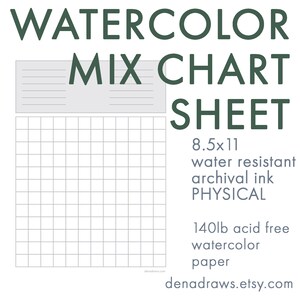 May include: A watercolor mixing chart printed on 140lb acid-free watercolor paper. The chart is 8.5 inches by 11 inches and features a grid of squares for mixing colors. The chart is printed with water-resistant archival ink.