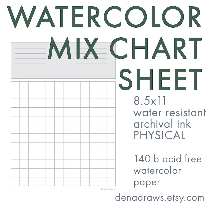 May include: A watercolor mixing chart printed on 140lb acid-free watercolor paper. The chart is 8.5 inches by 11 inches and features a grid of squares for mixing colors. The chart is printed with water-resistant archival ink.