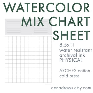 May include: A watercolor mixing chart sheet printed on 8.5x11 inch Arches cold-pressed cotton paper. The sheet is water-resistant and uses archival ink. The sheet has a grid pattern for mixing colors.