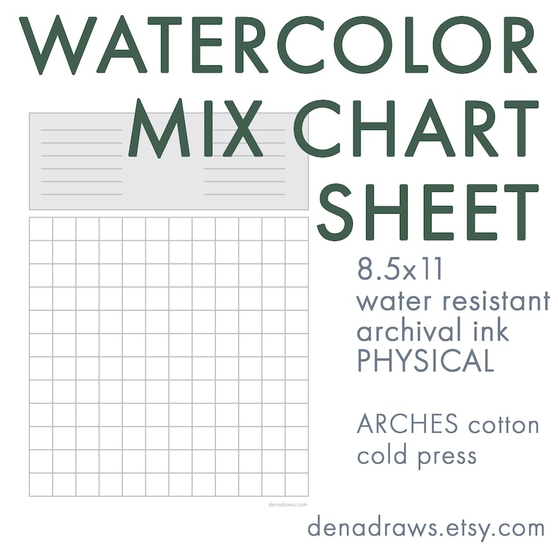 May include: A watercolor mixing chart sheet printed on 8.5x11 inch Arches cold-pressed cotton paper. The sheet is water-resistant and uses archival ink. The sheet has a grid pattern for mixing colors.