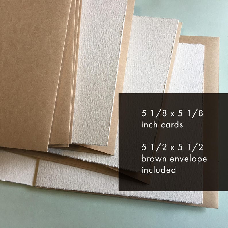 May include: A stack of handmade stationery sets. The set includes textured white cards, measuring 5 1/8 x 5 1/8 inches, and brown envelopes, measuring 5 1/2 x 5 1/2 inches. The text on the image reads: "5 1/8 x 5 1/8 inch cards, 5 1/2 x 5 1/2 brown envelope included."