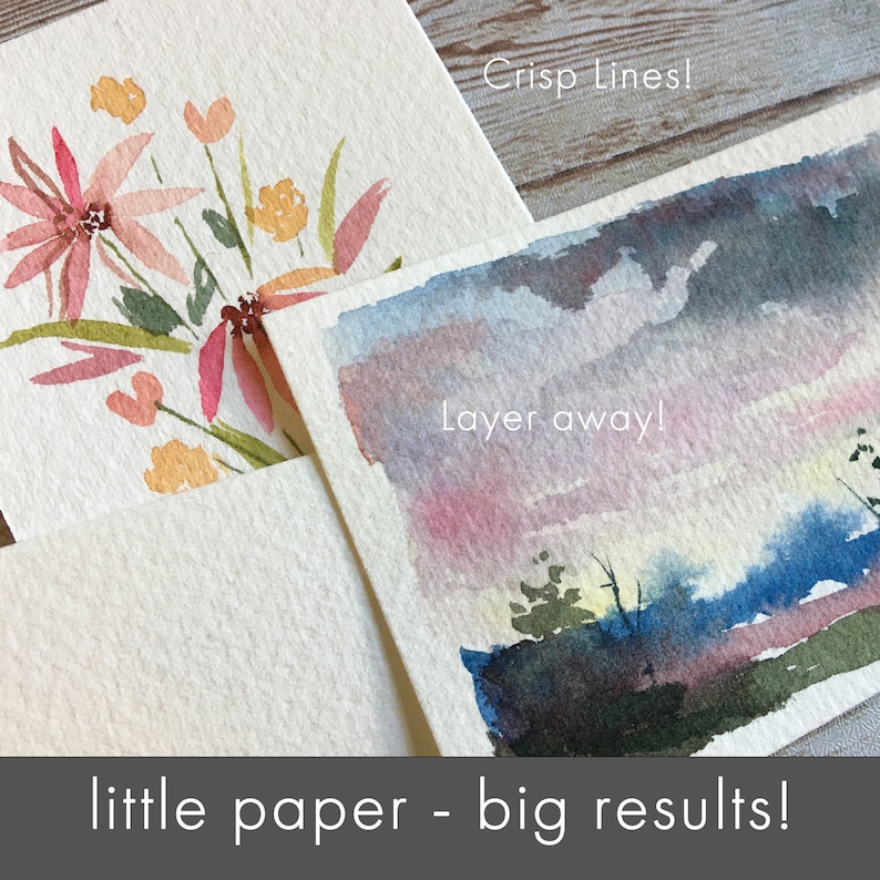 May include: Two watercolor paintings on textured paper. One features pink and orange flowers, the other a landscape with blue, purple, and pink hues. Text reads "Crisp Lines!" and "Layer away!" with the phrase "little paper - big results!" at the bottom.