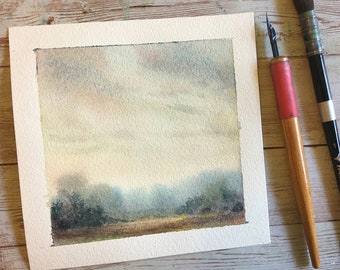 Original Watercolor Art - Mini Landscape - Late Haze - Tiny Landscape Art