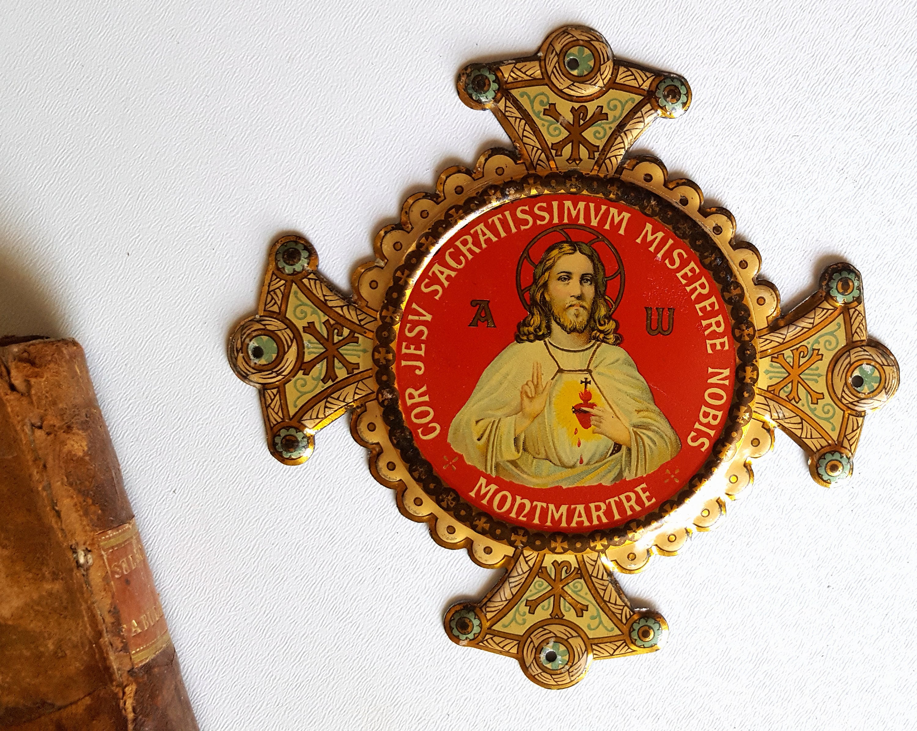 Montmartre Antique Plaque Religieuse Français Litho Cadre Sacré Cœur de Jésus 4, 8 Pouces