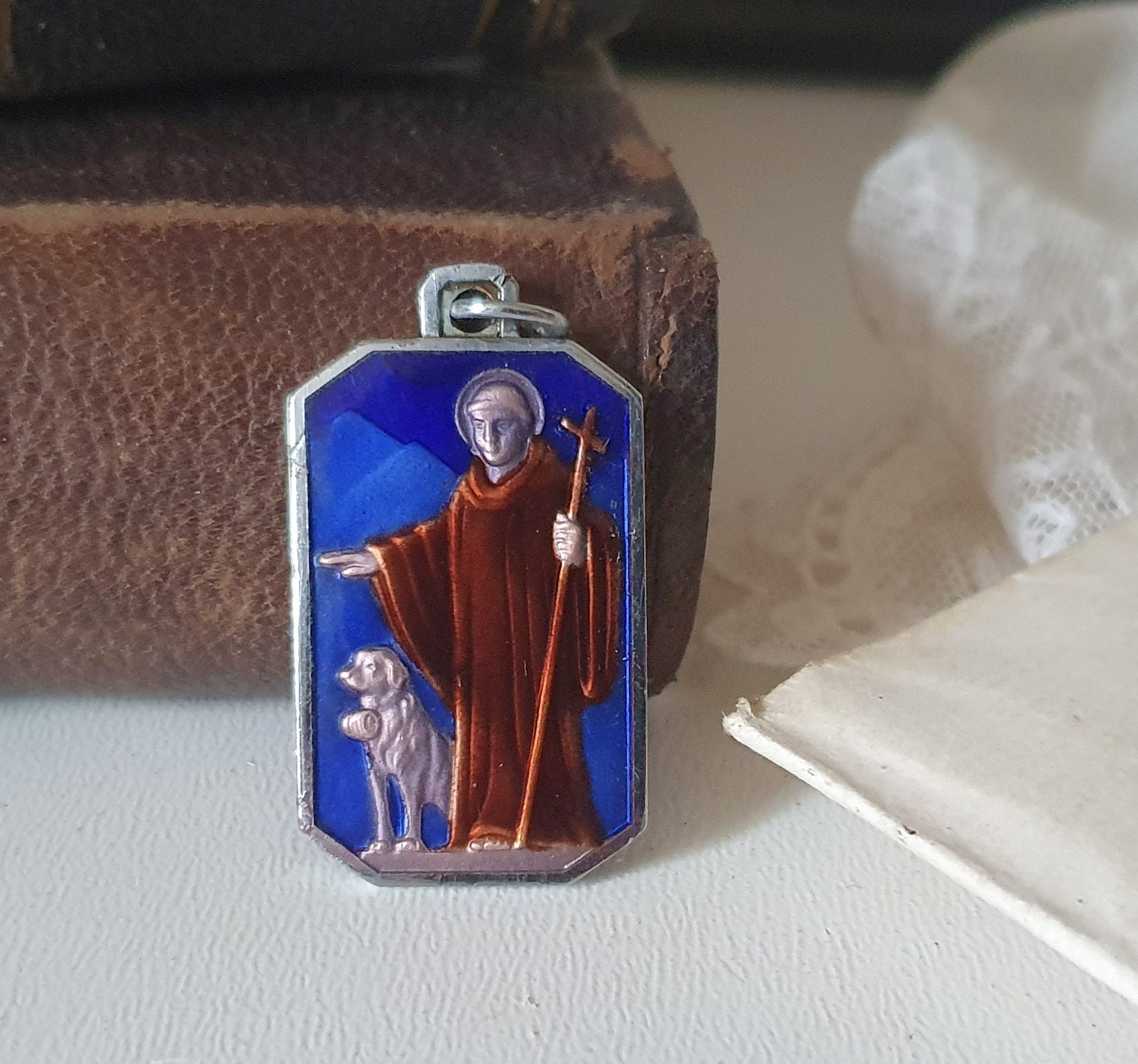 st Bernard Médaille Vintage Français Pendentif Saint Émail 1, 3 Pouces