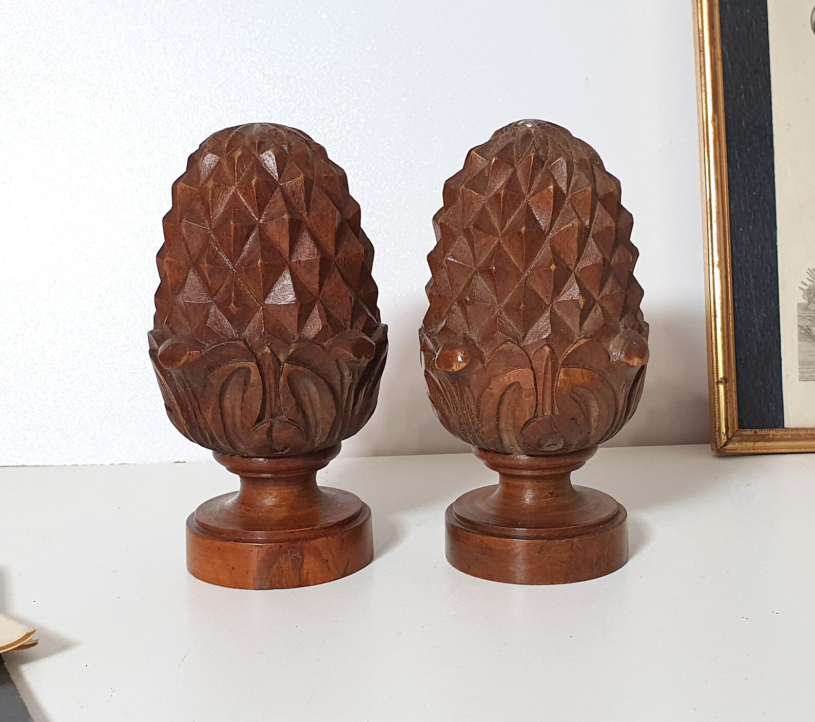 Antique carved wood pine cone finial pair Architectural Etsy
