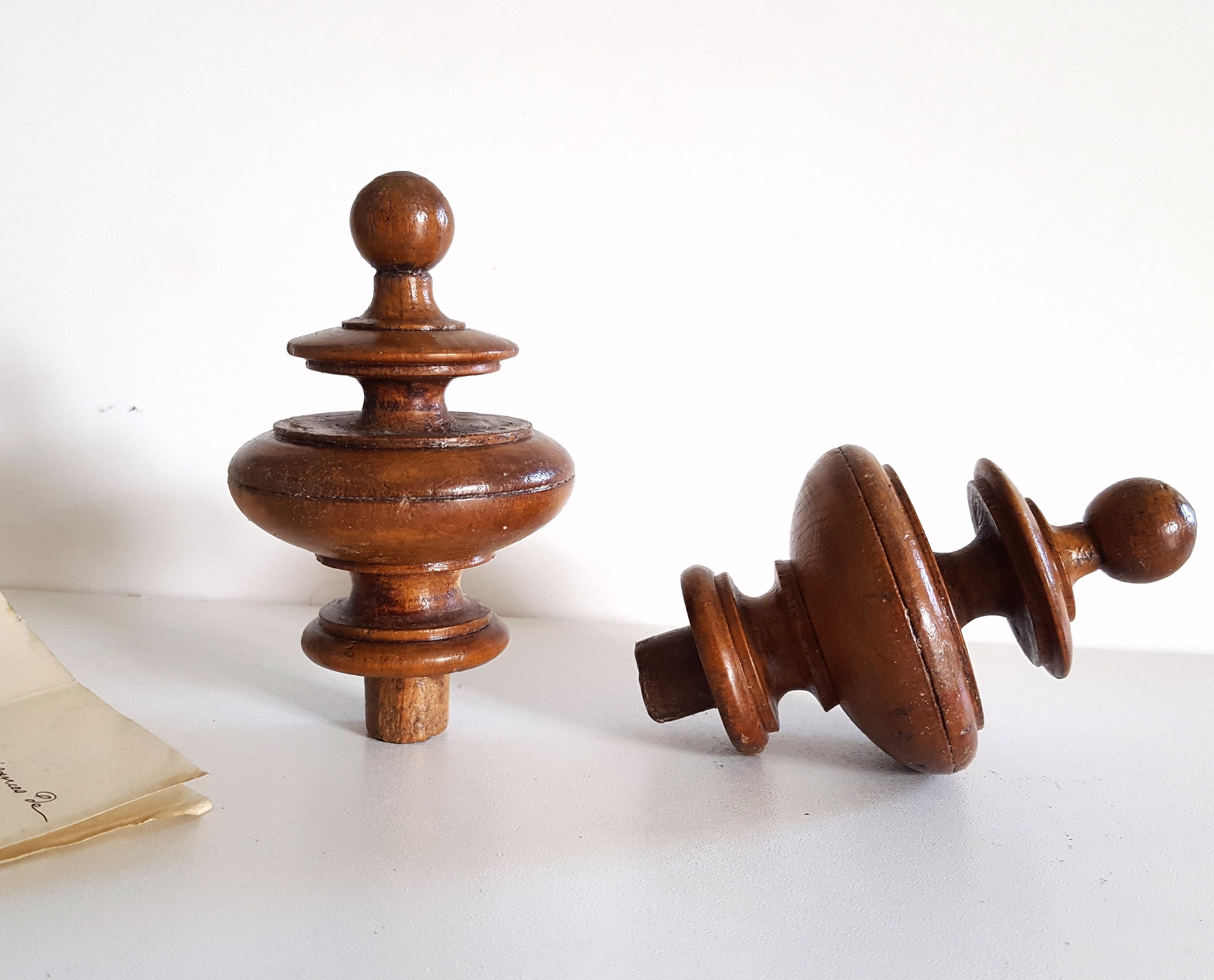 Ensemble Finial Antique de Bois 2 Restauration Architecturale Meubles Sauvetage 3.82 Pouces