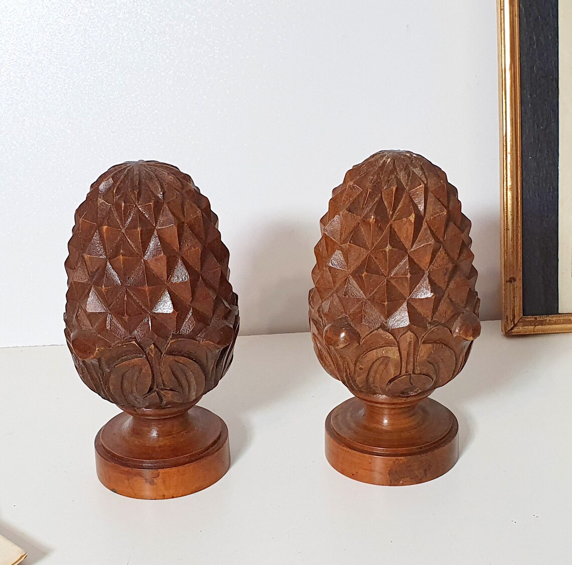 Antique carved wood pine cone finial pair Architectural Etsy