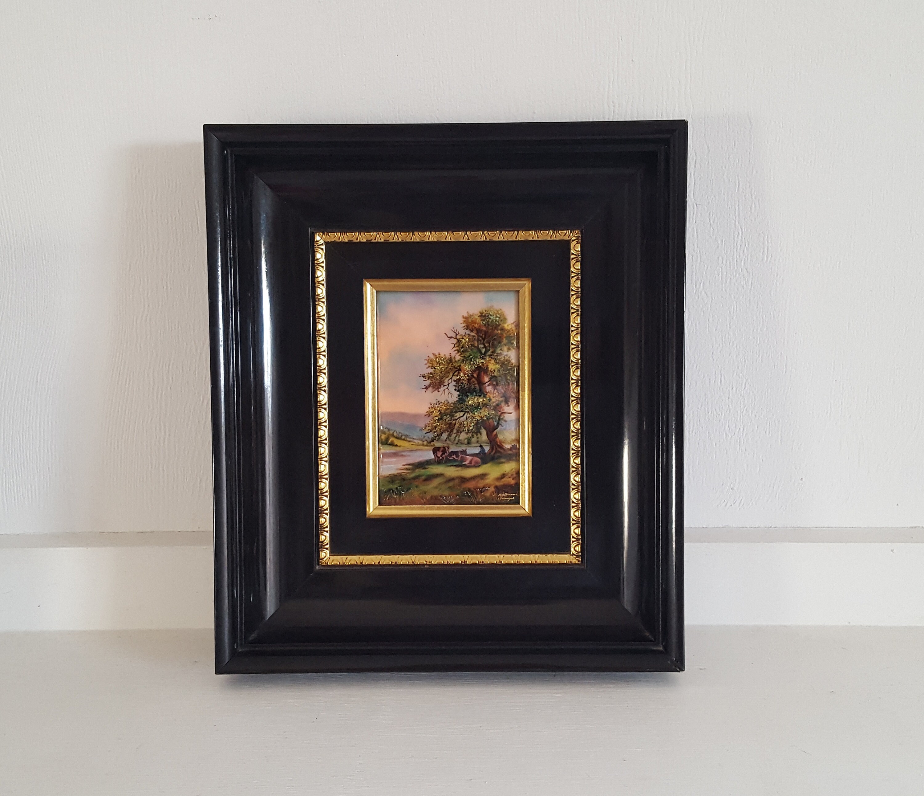 Limoges Émail Cadre Paysage Vintage Riverside Vaches