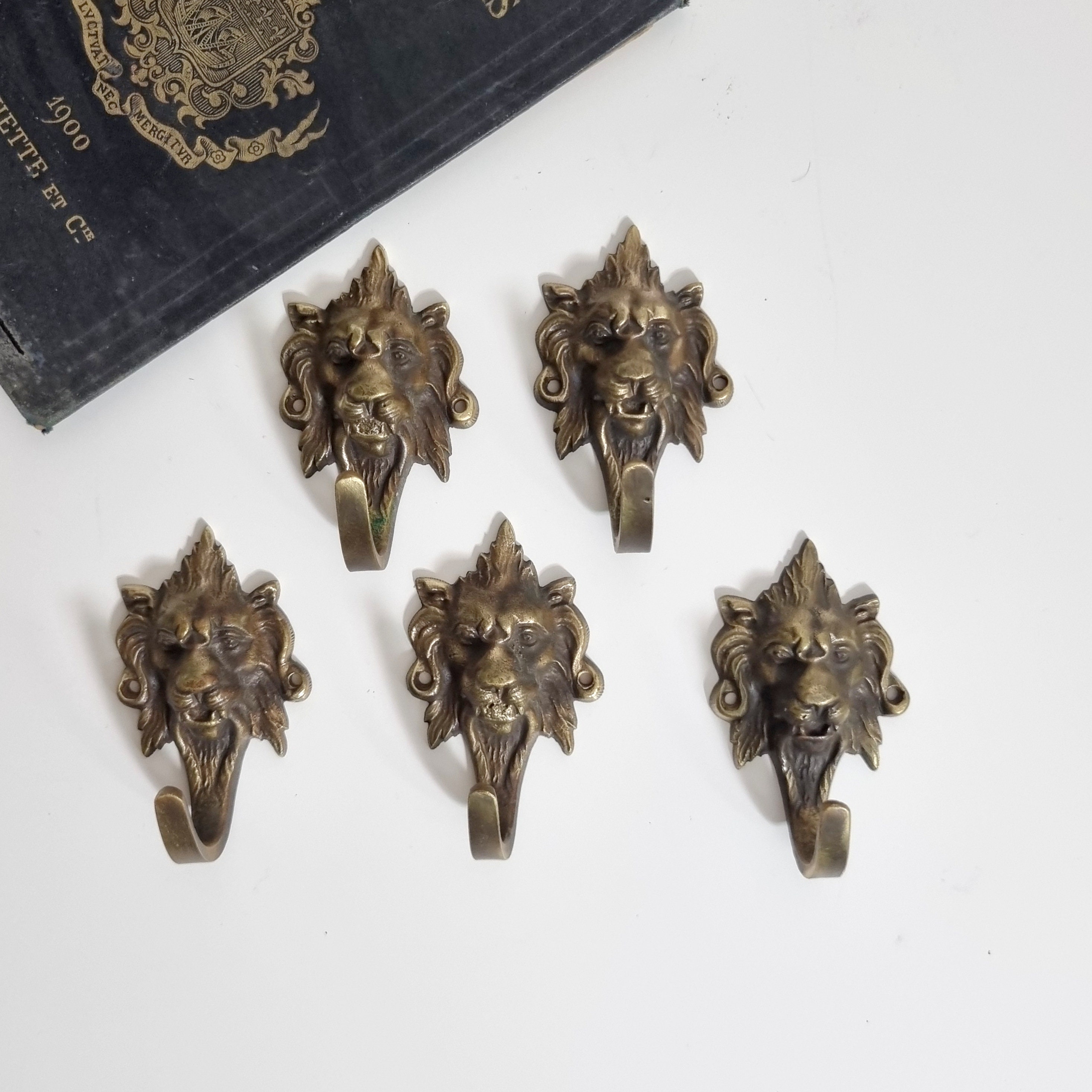 Vintage Brass Hook Set of 5 for Wall, Keys Lion Head 2.8 Inches