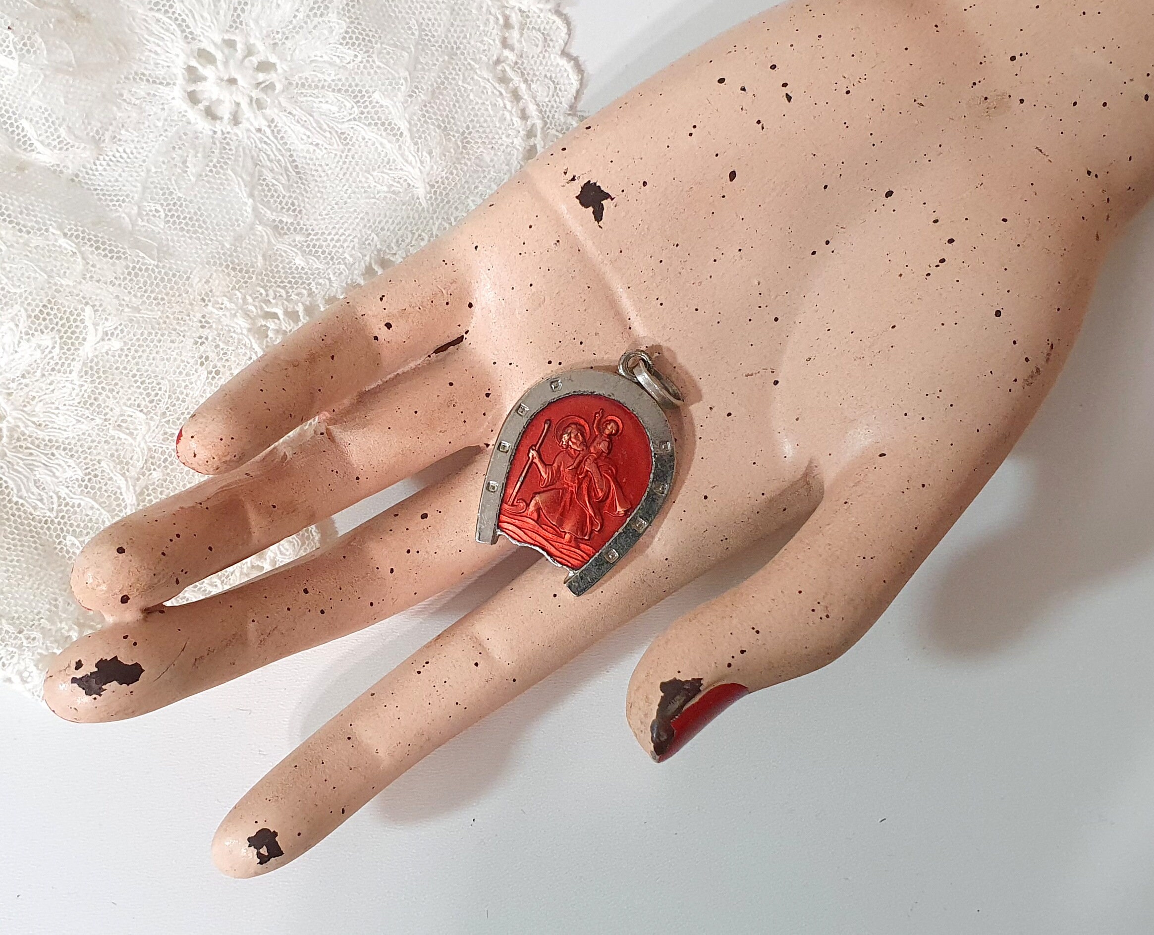 Médaille St Christopher Horseshoe Vintage Français Pendentif Religieux de Lourdes