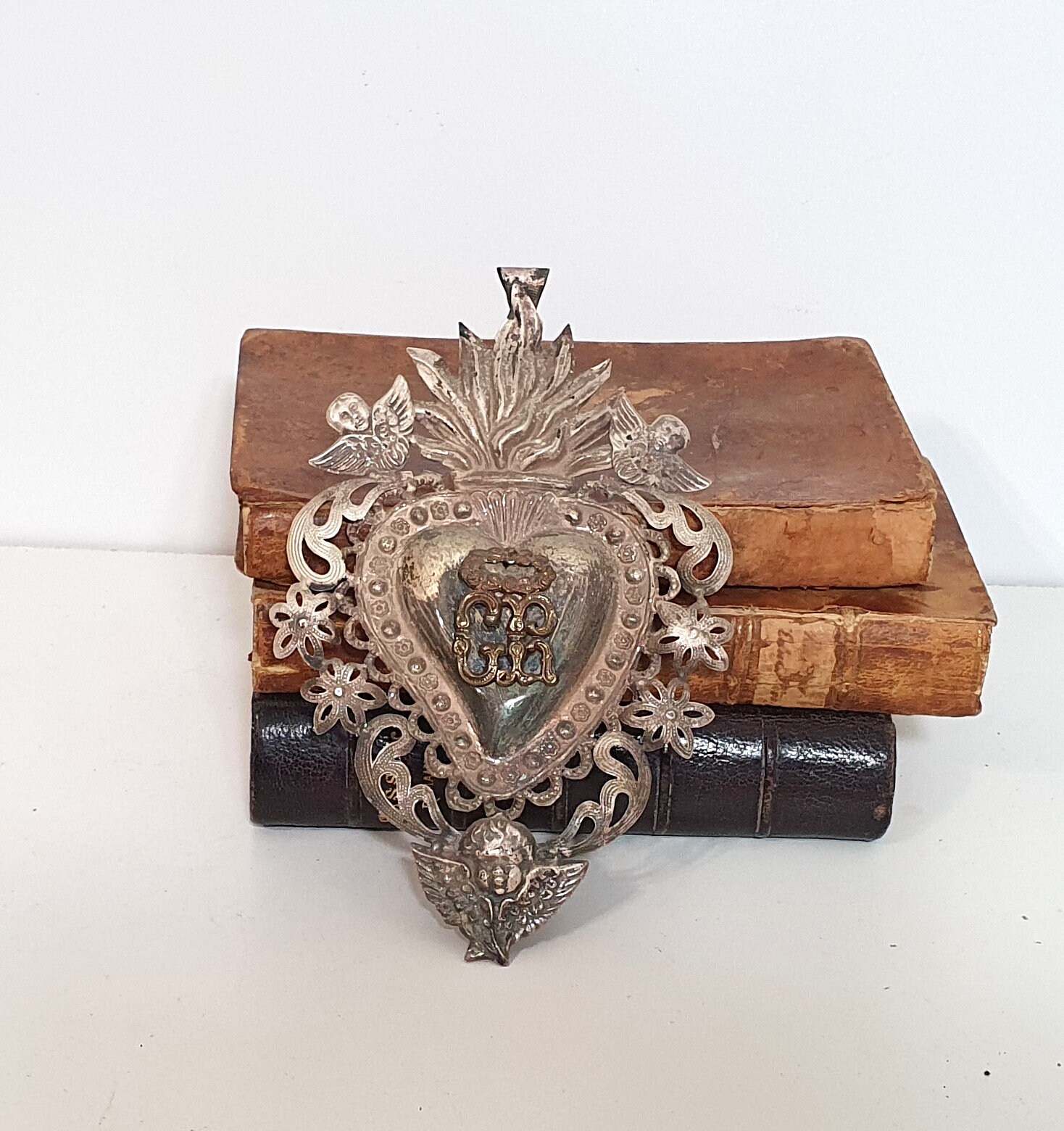 Grand Antique Ex Voto Ange Flaming Sacré Cœur Accrochage Mural Décor Religieux 6, 5 Pouces