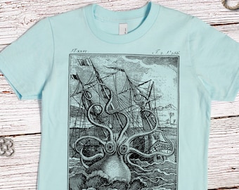 Octopus Shirt - Kids' T-shirt - Children's Shirt - Screen Printed Octopuses - Kraken Tee - Vintage Ship - Children's Gift Release the Kraken
