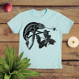 May include: A light blue t-shirt featuring a black and white illustration of a chameleon on a branch with leaves. A small black and white bee is flying near the chameleon's tongue.
