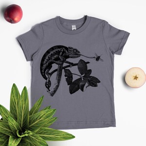 May include: A grey t-shirt featuring a black and white illustration of a chameleon on a branch with a bee flying nearby.