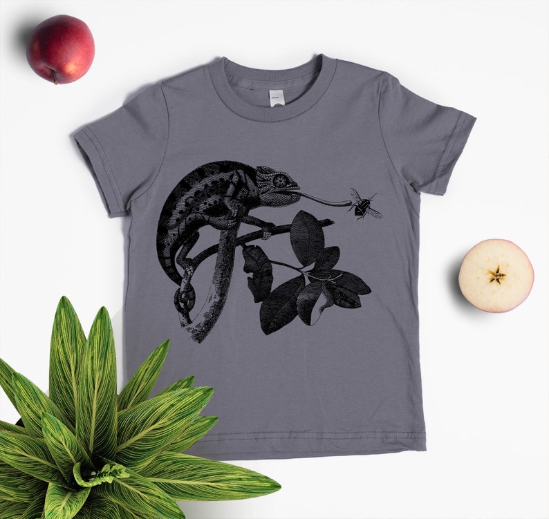 May include: A grey t-shirt featuring a black and white illustration of a chameleon on a branch with a bee flying nearby.