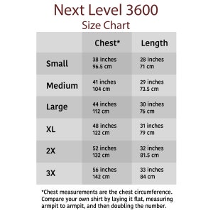 Pode incluir: Tabela de tamanhos para as camisas Next Level 3600, mostrando as medidas de peito e comprimento em polegadas e cent&iacute;metros para os tamanhos P a 3X.