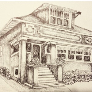 Home Portrait Pen and Ink Drawing 5x7 inch CUSTOM Commission FREE SHIPPING