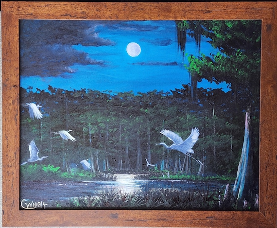 Original Acrylic Painting Florida Landscape Big Cypress Egrets 16x20 Oscar Whirls