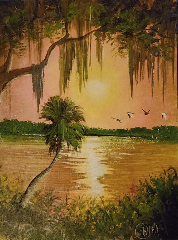 Oscar Whirls Florida Art 12x16 Acrylic on canvas panel Okeechobee Sunset painting