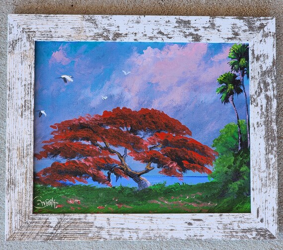 Oscar Whirls Florida Art 8x10 Acrylic on Poinciana flametree Painting Framed