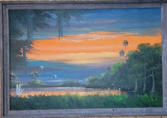 Original Painting Florida 24x36 River Sunset Barnwood Frame  Oscar Whirls