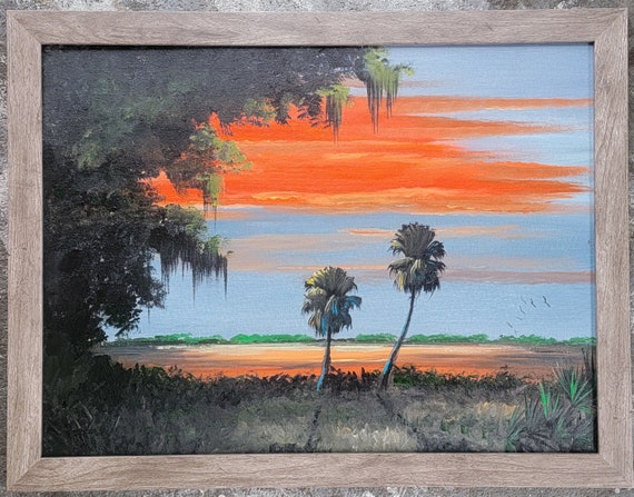 Original Painting Florida 18x24 Palm Sunset Framed Oscar Whirls