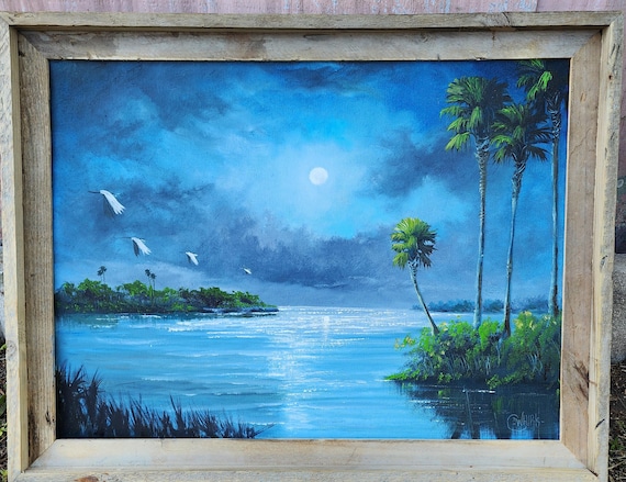 Oscar Whirls Florida Art 18x24 oil on canvas Moonlight Painting Framed Barnwood