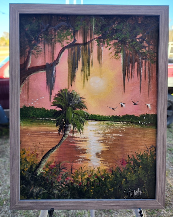 Oscar Whirls Florida Art 12x16 Acrylic on canvas panel Okeechobee Sunset painting