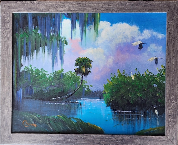 Original Acrylic Painting Florida Landscape Alfred Hair Inspired Backcountry River scene 16x20 Oscar Whirls