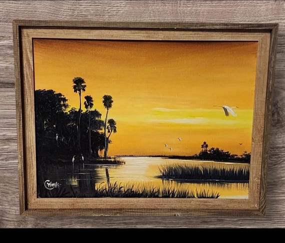 Oscar Whirls Original Oil Painting Florida Art Large 24x36 Okeechobee Sunset Barnwood Frame