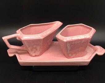 Pink Art Deco Pottery Tea Set, Creamer Sugar Platter