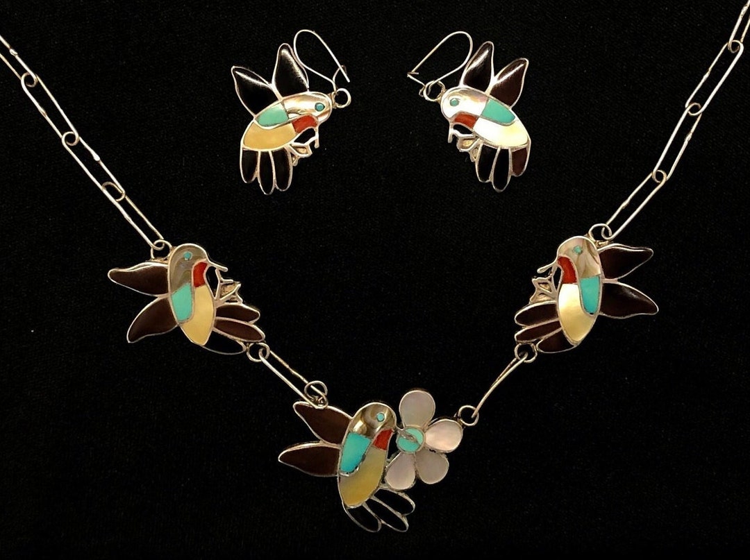 Zuni Hummingbird Silver Inlay Jewelry Necklace & Earrings by Etsy