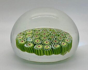 Millefiori Glass Paperweight, Green Flower Rounded Design