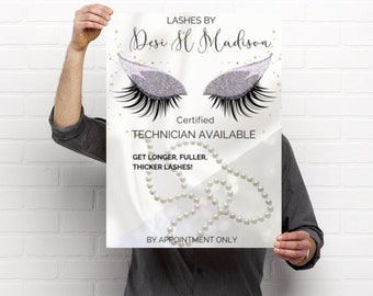 Pretty Eyelash Makeup Poster, Fancy Eyes, Silver Glitter Eye Shadow, Long Eyelashes, White Satin Background, Pearls