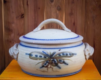 Textured Butterfly Motif Large Vintage Handmade Ceramic Casserole Dish With Lid Blue Tan