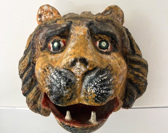 Antique Large Painted Cast Iron Lion / Tiger Head Possibly Circus Or Carnival