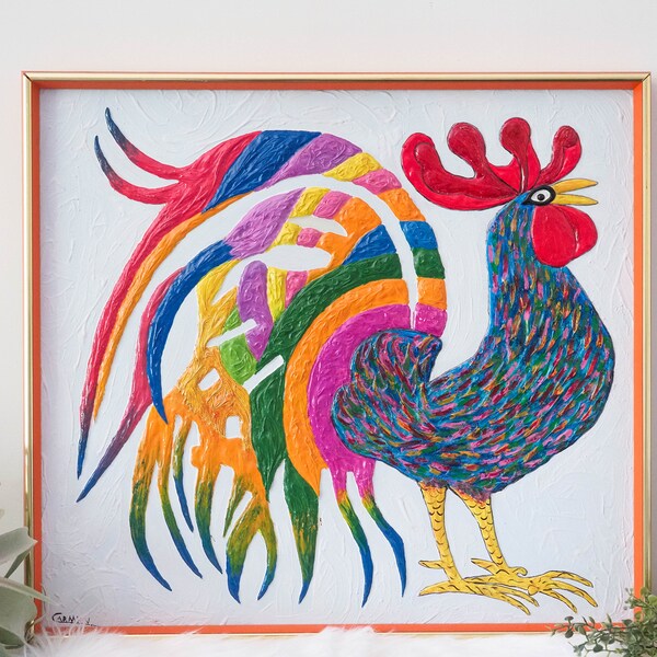 Vintage Rooster Impasto Painting - Colorful Folk Painting - Farm House Decor