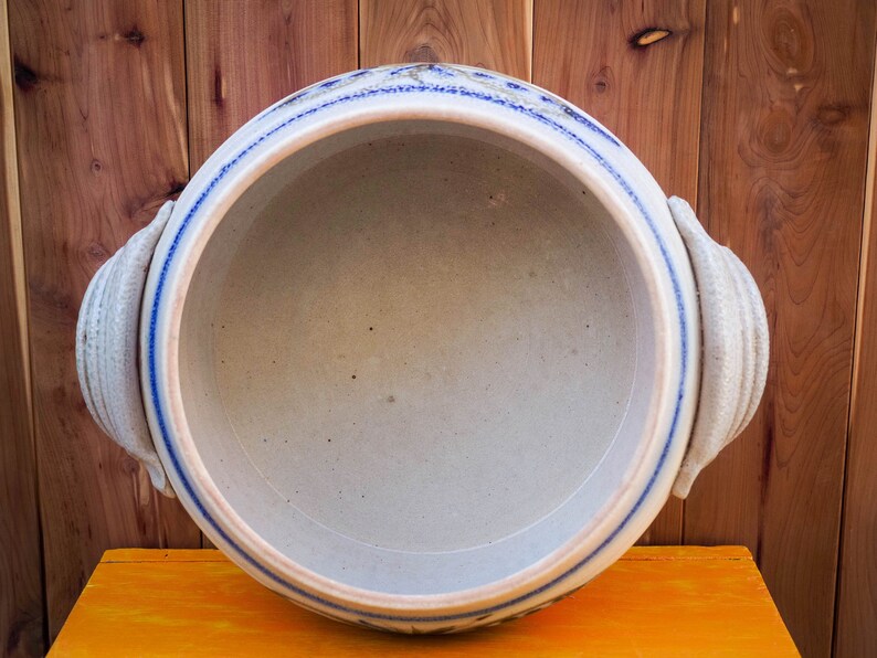 Textured Butterfly Motif Large Vintage Handmade Ceramic Casserole Dish With Lid Blue Tan