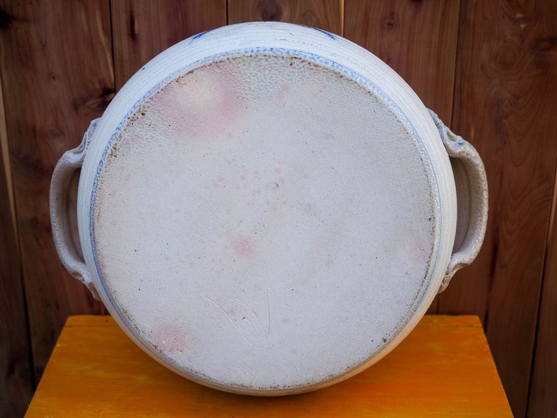 Textured Butterfly Motif Large Vintage Handmade Ceramic Casserole Dish With Lid Blue Tan