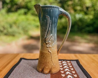 Vintage Ceramic unique Pitcher - Studio Pottery - Tan and Blue - Glazer Pitcher