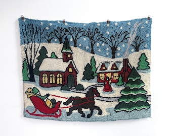 Vintage Handmade Christmas Tapestry • Latch Hook Wall Art • Vintage Holiday Santa Claus Decor