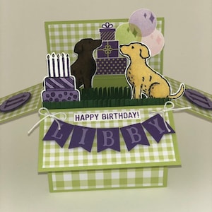 Pop Up Geburtstagskarte, Hunde, Welpen, Kuchen, Ballon, Karte in einer Box, 3D-Karte, Box-Karte, Hund, Welpe, Eckzahn, Wuff