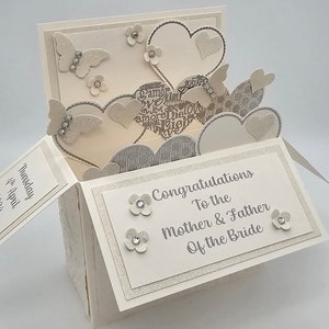 Hochzeit, Jahrestag, Eltern der Braut, Eltern des Bräutigams, Luxus Grußkarte, personalisiert, 3D Pop Up Box Karte, silber, Perle