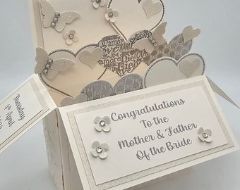 Wedding, anniversary, parents of the bride, parents of the groom, luxury greeting card, personalised, 3d Pop up box card, silver, pearl