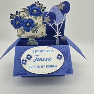 Pop up birthday card; female; floral; cake; feminine; 3D card in a box, birthday cake; balloons;