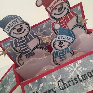 Tarjeta navideña desplegable con muñecos de nieve; familia de nieve; personalizada; tarjeta de caja, invierno, nieve, tarjeta desplegable, tarjeta 3D