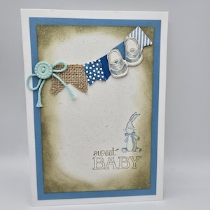Tarjeta de nuevo bebé, felicitaciones por el nacimiento del bebé, bebé niño, varón, conejito