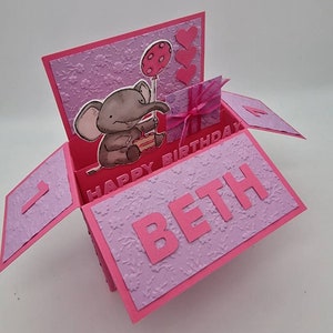 Kaart babymeisje, eerste verjaardagskaart, 3D-pop-upkaart olifant, dooskaart, girly, cadeau voor een meisje