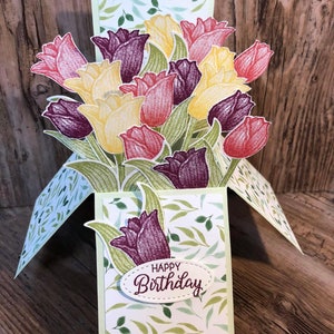 3D Pop Up Karte in der Box, Geschenk für Sie, Geburtstagskarte, Muttertagskarte, Danke, Tulpenblumenstrauß, Frühlingsblumen,